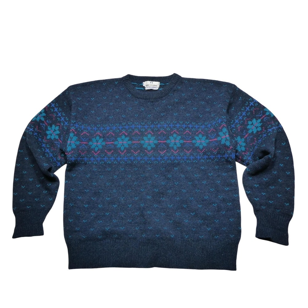 Vintage Sierra Woolens Sweater Womens Large Blue‎ Shetland Wool Fair Isle 80s